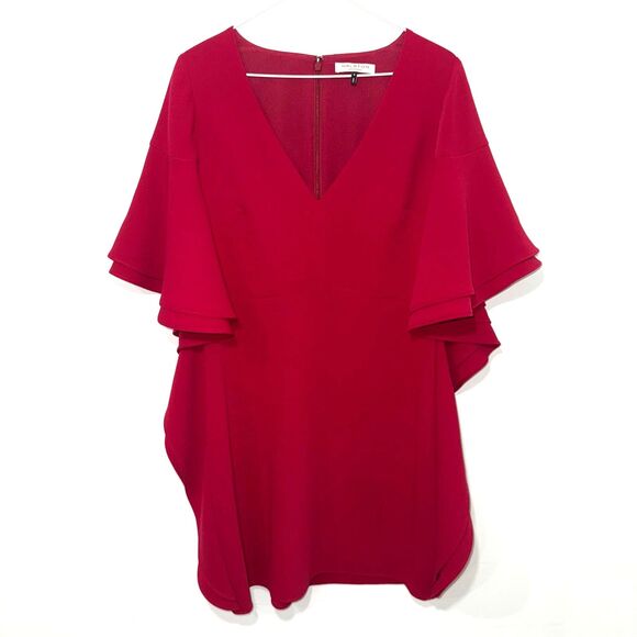 Halston Heritage V Neck Draped Sleeve Dress - Crimson 6 - Picture 3 of 9